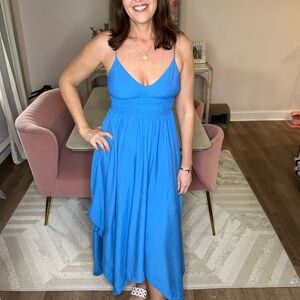NWT Indigo Dreams V Neck Handkerchief Hem Sleeveless Blue Midi Dress